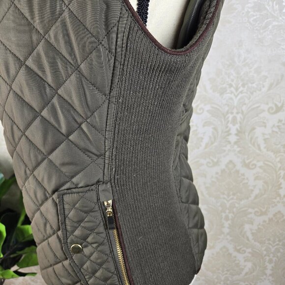 Active USA Size Medium Olive Green Quilted Zip Front Vest Brown Trim Pockets - Picture 7 of 13